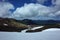 Beautiful mountain landscape with plane snow on foreground and low fluffy clouds, Nature of South America