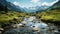 Beautiful mountain landscape with river and high mountains in the background