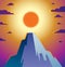 Beautiful mountain landscape with setting sun in the evening, sundown over peak scenic nature vector illustration, tranquil calm