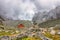 A beautiful mountain landscape. Tourist hut.