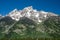 Beautiful mountain peaks of Tetons in Grand Teton National Park in Wyoming near Jackson Hole. Clear sunny day with blue sky