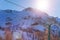 Beautiful mountain scene with empty chairlifts