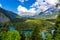 Beautiful mountain scenery and panoramic view from the Rest Area Zugspitzblick at the Fernpass alpine road to the Zugspitze