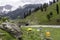 Beautiful mountain scenery. River, valley, snow, blue sky, white clouds. In-depth trip on the Sonamarg Hill Trek in Jammu and