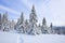 Beautiful mountain scenery. Winter landscape with trees in the snowdrifts, the lawn covered by snow with the foot path. New Year