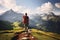 Beautiful mountain trail, where a male hiker embarks on an adventurous journey amidst breathtaking mountain landscapes. Ai