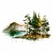 Beautiful mountain watercolor. Lake pine tree and mountains forest. Generative AI artwork