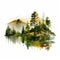 Beautiful mountain watercolor. Lake pine tree and mountains forest. Generative AI artwork