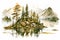 Beautiful mountain watercolor. Lake pine tree and mountains forest. Generative AI artwork