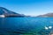 Beautiful mountains landscape, lake and mountain against blue sky. Saint Wolfgang im Salzkammergut in Austria