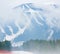 Beautiful mountains landscape, nature, forests in a white haze, fog, ski slopes, ski resort Bukovel in the winter