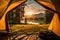 Beautiful moutains and lake scenic looking from tent during sunrise, camping outdoor activity, wanderlust, vocation, lifestyle