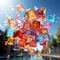 Beautiful multi-colored transparent cubes float in the air