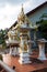 Beautiful multi-storey white house for Spirit with stucco gold jewelry and incense in Thailand in Phuket. Travels. Asia. Religion