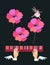 Beautiful musical poster with winged hands fluttering over colorful piano keys, pink poppy flowers and graceful fairy ballerina