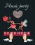 Beautiful musical poster with winged hands fluttering over multicolor piano keys, funny dancing fairy ballerina and elf