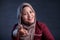 Beautiful Muslim Lady Smiling and Pointing Forward