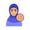 Beautiful Muslim Woman with Pimples on Female Face. Pretty Lady in Hijab and with Problem Skin. Acne. Zoom. Color Cartoon style.