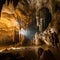 Beautiful mysterious karst cave, stalactites, stalagmites, calcareous outgrowths and scenery