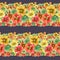 Beautiful nasturtium flowers with green leaves on dark background. Seamless floral pattern. Horizontal border. Watercolor painting