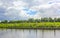 Beautiful natural landscape panorama jetty boat Oste river water Germany