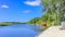 Beautiful natural landscape panorama jetty boat Oste river water Germany