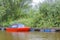 Beautiful natural landscape panorama jetty boat Oste river water Germany