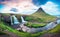 Beautiful natural magical scenery with a waterfall Kirkjufell near the volcano at dawn  in Iceland. Exotic countries. Amazing