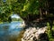 Beautiful natural river with trees and rocky river bank in Ontario Canada