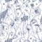 Beautiful natural seamless pattern with spring flowers hand drawn with contour lines on white background. Elegant