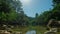 Beautiful nature landscape with a small lake and a sunbeams.