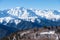 Beautiful nature lanscape with Caucasus mountain and pine forest covered with snow in winter. Cable car at Hatsvali ski resort