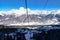 Beautiful nature lanscape with Caucasus mountain and pine forest covered with snow in winter. Cable car at Hatsvali ski resort