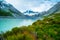 Beautiful nature in Mt Cook National Park, Green grass, Mountain, lake and snow. I