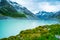 Beautiful nature in Mt Cook National Park, Green grass, Mountain, lake and snow. I