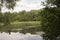 Beautiful nature with pond lake, green trees foliage, grass, observation tower, clouds in the background. Afternoon panorama