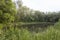 Beautiful nature with pond lake, green trees foliage, grass, observation tower, clouds in the background. Afternoon panorama