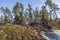 Beautiful nature rocky spring landscape view on blue sky background.