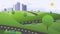 Beautiful nature scene with road , green hills , and town background vector illustration.Nature way to city wih sky