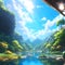 Beautiful nature scenery landscape with river digital illustration ai generated