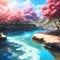 Beautiful nature scenery landscape with river digital illustration ai generated