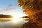 Beautiful New England Fall Foliage with reflections at sunrise, Boston Massachusetts.