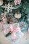 Beautiful New Year`s interior with decorate gift box present and Christmas garland