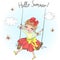 Beautiful, nice, cute red-haired girl swinging on a swing on a background of blue sky.