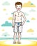 Beautiful nice young teenager boy posing wearing fashionable beach shorts. Vector pretty nice human illustration. Childhood