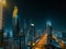 Beautiful night cityscape of Dubai, modern futuristic buildings with illumination, view from above, United Arab Emirates