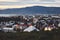 Beautiful night dusk view of Reykjavik, Iceland, aerial view with Hallgrimskirkja lutheran church, with scenery beyond the city,