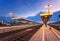 Beautiful night industrial landscape, modern railway station in Nuremberg, Germany. Railroad platform