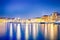 Beautiful Night Panorama of Old Venetian City of Chania Taken at Blue Hour from Pier with Yachts and Boats in Foreground