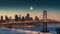 Beautiful night scene with San Francisco Bay Bridge and city lights. The bridge is illuminated, creating an impressive